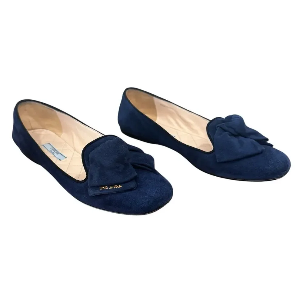 Prada Navy Suede Bow Flats Size 38 EU 8 US Quilted Leather Interior Box Dust Bag